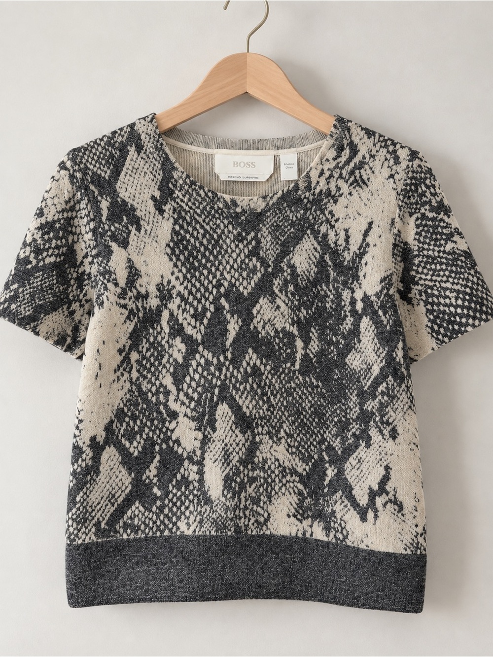 BOSS Short Sleeve Knit Top in Black and Cream Abstract